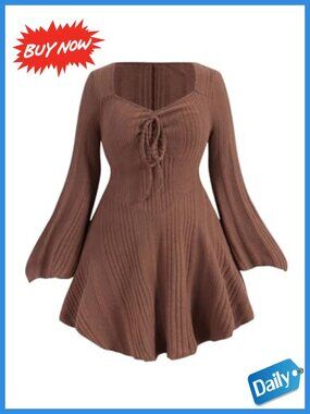 Plus Size Sweater Dress Bell Long Sleeve V-Neck Mini Casual Fall
